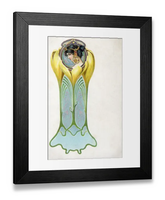 Framed Print : Art Nouveau floral design with woman in profile Date: early 20th century Framed Print : Art Nouveau floral design with woman in profile Date: early 20th century