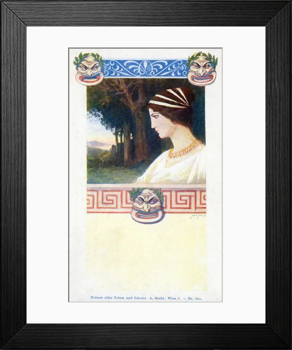 Framed Print : Design with theatre masks and woman in profile Date: early 20th century Framed Print : Design with theatre masks and woman in profile Date: early 20th century