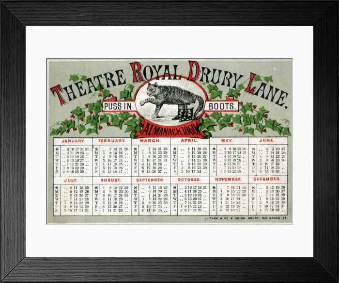 Framed Print : Theatre Royal, Drury Lane, London, Almanack 1869 - Puss in Boots Framed Print : Theatre Royal, Drury Lane, London, Almanack 1869 - Puss in Boots