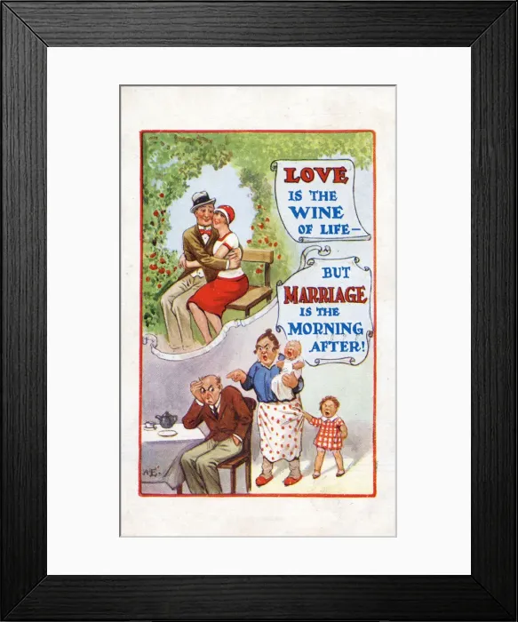 Framed Print : Comic Postcard - The differences between Love and Marriage Framed Print : Comic Postcard - The differences between Love and Marriage