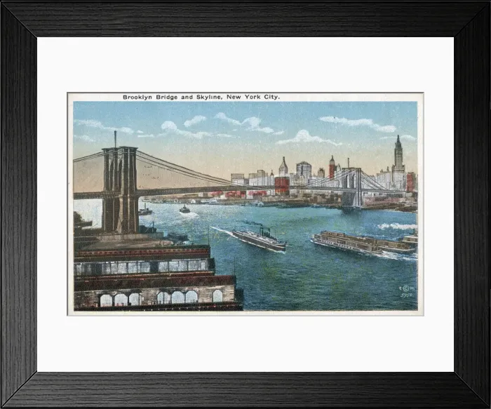 Framed Print : Brooklyn Bridge and Skyline - New York City, USA. Date: circa 1920 Framed Print : Brooklyn Bridge and Skyline - New York City, USA. Date: circa 1920