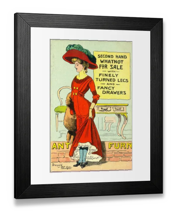 Framed Print : Comic postcard, Second Hand Whatnot For Sale with finely turned legs Framed Print : Comic postcard, Second Hand Whatnot For Sale with finely turned legs