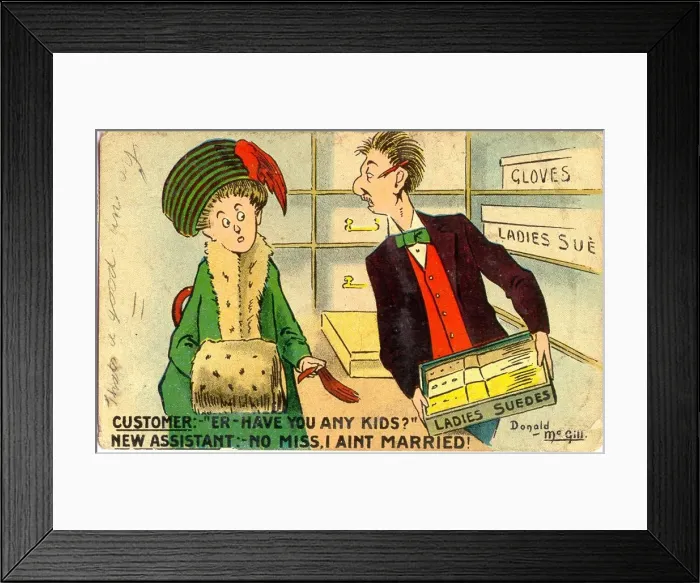 Framed Print : Comic postcard, Customer and shop assistant Framed Print : Comic postcard, Customer and shop assistant
