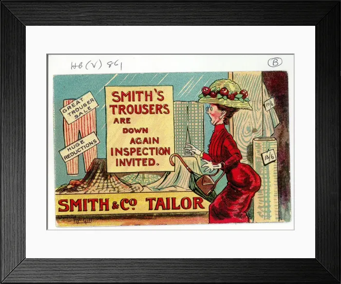 Framed Print : Comic postcard, Smiths Trousers Are Down Again - Inspection Invited Date Framed Print : Comic postcard, Smiths Trousers Are Down Again - Inspection Invited Date