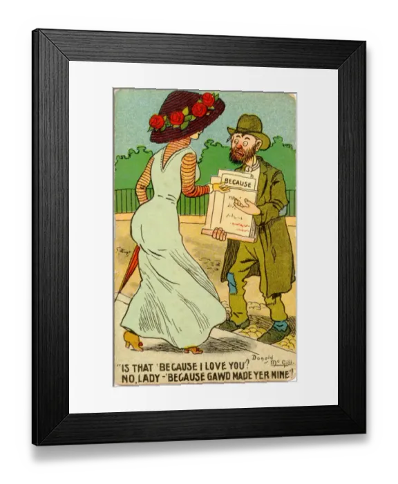 Framed Print : Comic postcard, Elegant woman and scruffy man selling sheet music in the street Date Framed Print : Comic postcard, Elegant woman and scruffy man selling sheet music in the street Date
