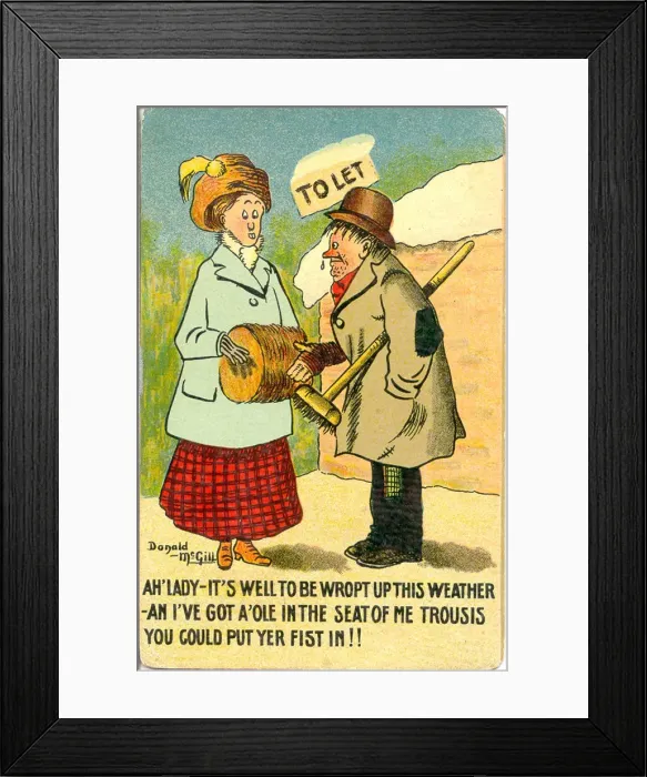 Framed Print : Comic postcard, Cold weather conversation Date: early 20th century Framed Print : Comic postcard, Cold weather conversation Date: early 20th century
