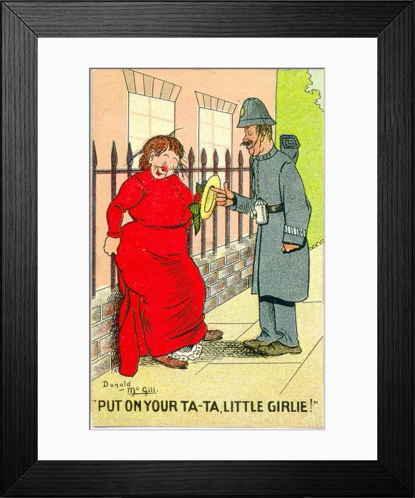 Framed Print : Comic postcard, Drunken woman and policeman Framed Print : Comic postcard, Drunken woman and policeman