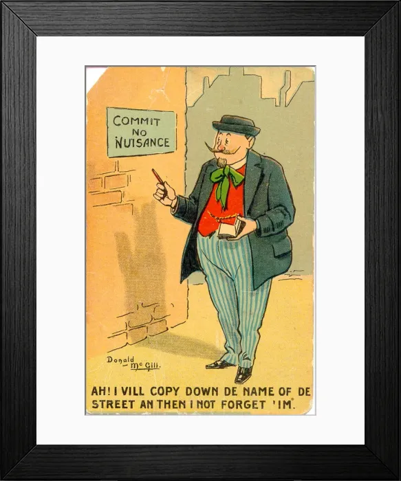 Framed Print : Comic postcard, French man notes down street name Framed Print : Comic postcard, French man notes down street name
