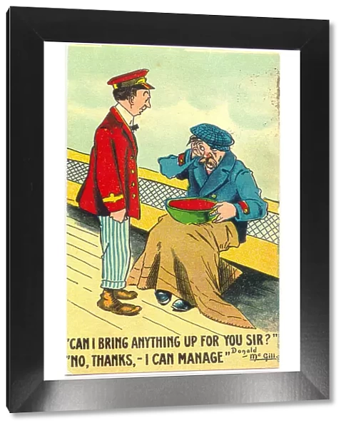 Comic postcard, Steward and sick man on board ship