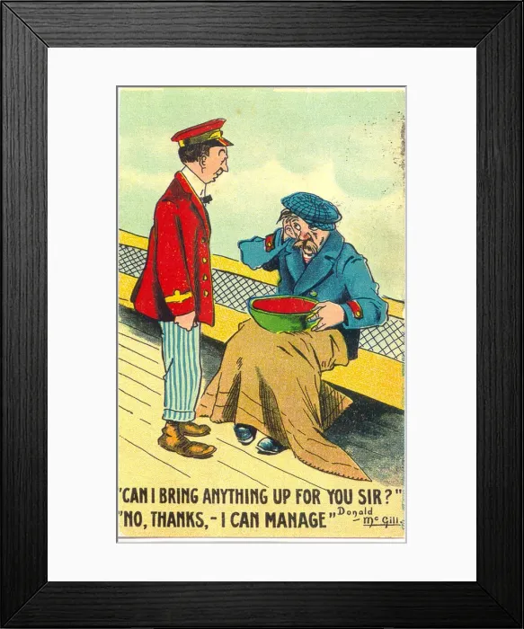 Framed Print : Comic postcard, Steward and sick man on board ship Framed Print : Comic postcard, Steward and sick man on board ship