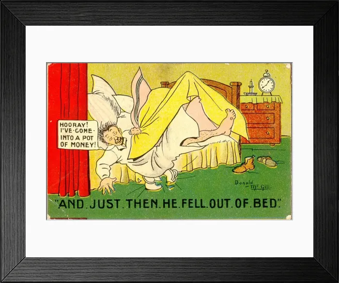 Framed Print : Comic postcard, Man falls out of bed onto chamber pot Date: 20th century Framed Print : Comic postcard, Man falls out of bed onto chamber pot Date: 20th century