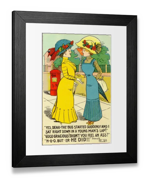 Framed Print : Comic postcard, Two women in the street Date: 20th century Framed Print : Comic postcard, Two women in the street Date: 20th century