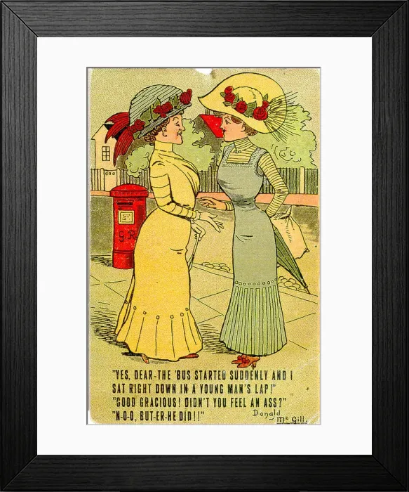 Framed Print : Comic postcard, Two women in the street Date: 20th century Framed Print : Comic postcard, Two women in the street Date: 20th century