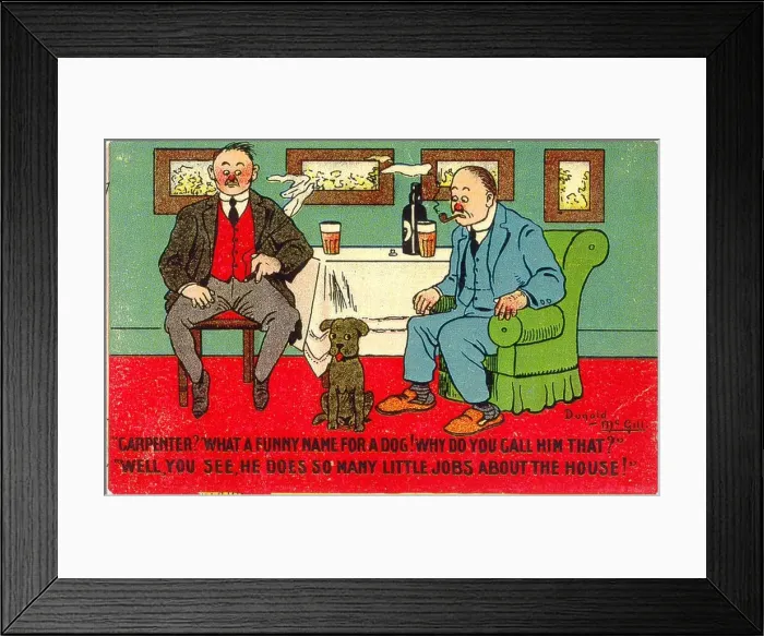 Framed Print : Comic postcard, Two men and a dog Date: 20th century Framed Print : Comic postcard, Two men and a dog Date: 20th century