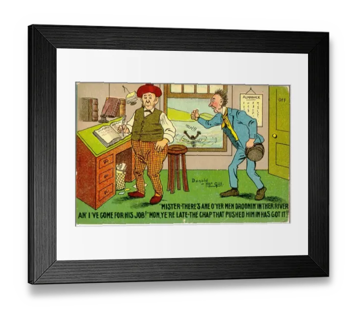 Framed Print : Comic postcard, Two Scotsmen in an office, job vacancy Date: 20th century Framed Print : Comic postcard, Two Scotsmen in an office, job vacancy Date: 20th century