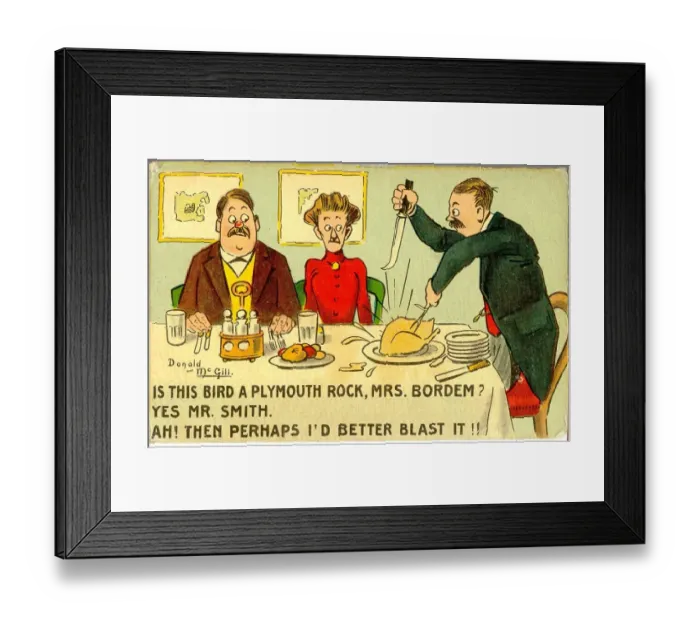 Framed Print : Comic postcard, Lodgers and landlady - carving the poultry Date: 20th century Framed Print : Comic postcard, Lodgers and landlady - carving the poultry Date: 20th century