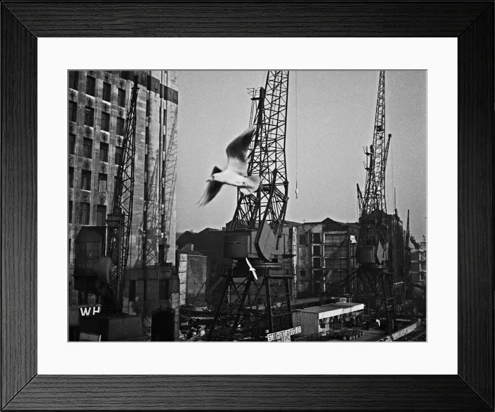 Framed Print : Cranes and warehouses on the River Thames Framed Print : Cranes and warehouses on the River Thames