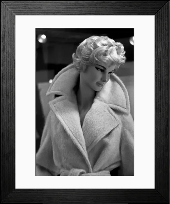 Framed Print : Mannequin modelling coat in window display, London Framed Print : Mannequin modelling coat in window display, London
