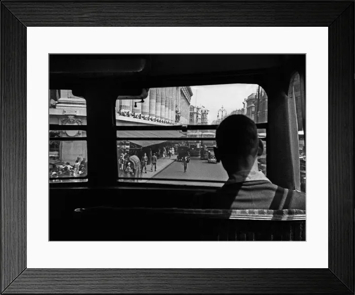Framed Print : Passenger on bus approaching Harrods store, London Framed Print : Passenger on bus approaching Harrods store, London