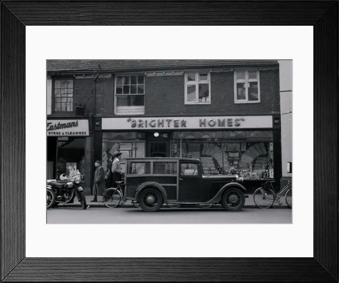 Framed Print : Street scene with decorating store, Brighter Homes Framed Print : Street scene with decorating store, Brighter Homes
