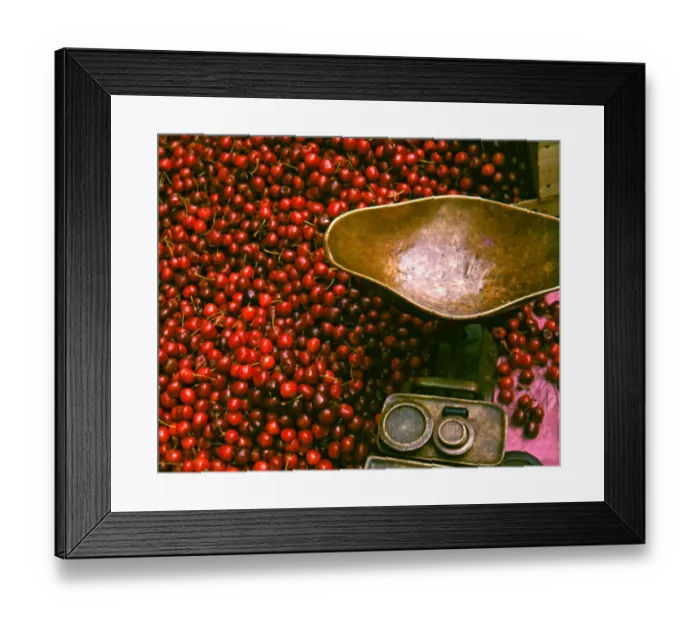 Framed Print : Weighing scales and cherries, London market stall Framed Print : Weighing scales and cherries, London market stall