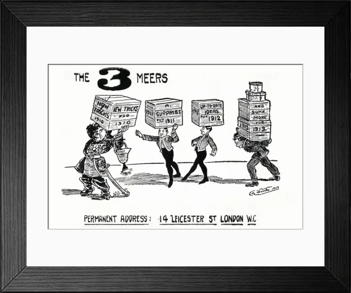 Framed Print : The Three Meers, Permanent Address: 14 Leicester Street, London - new tricks for 1910 Framed Print : The Three Meers, Permanent Address: 14 Leicester Street, London - new tricks for 1910