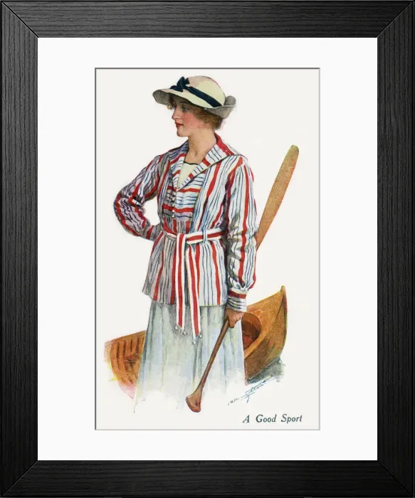Framed Print : A Good Sport - A Glamorous Lady heading out for a paddle in a canoe Date: 1921 Framed Print : A Good Sport - A Glamorous Lady heading out for a paddle in a canoe Date: 1921