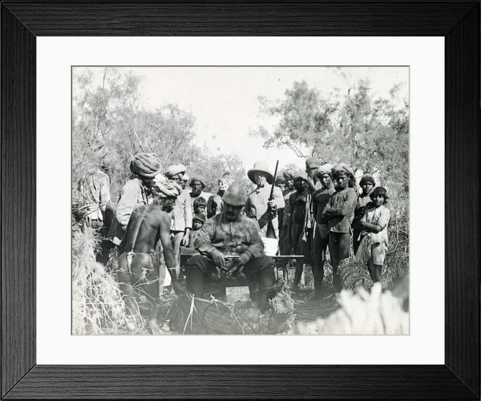 Framed Print : Colonial hunting party in India, setting out in reed boats Framed Print : Colonial hunting party in India, setting out in reed boats