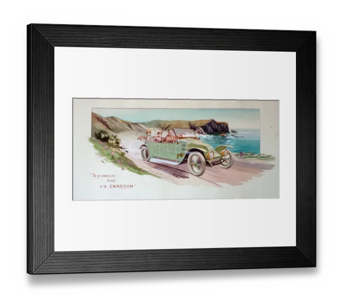 Framed Print : Pochoir print, early car with driver and two passengers - Ils y viennent tous a la Framed Print : Pochoir print, early car with driver and two passengers - Ils y viennent tous a la