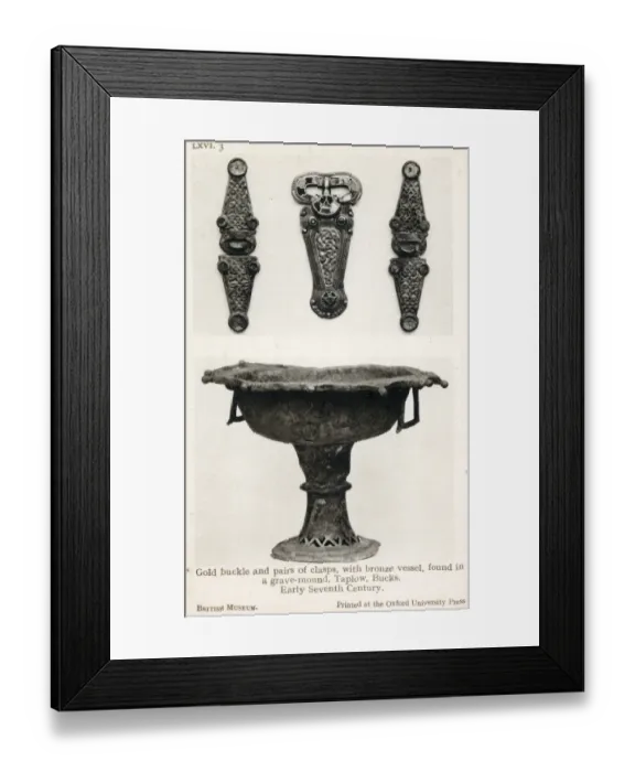 Framed Print : Early Anglo-Saxon Gold Buckle and Pairs of Clasps with bronze vessel found in a grave Framed Print : Early Anglo-Saxon Gold Buckle and Pairs of Clasps with bronze vessel found in a grave