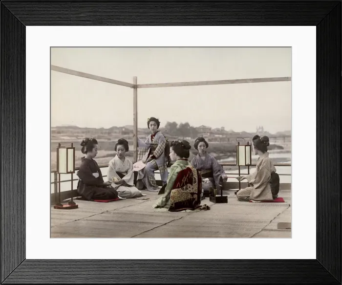 Framed Print : Japanese geishas on a tea house balcony, Kyoto Framed Print : Japanese geishas on a tea house balcony, Kyoto