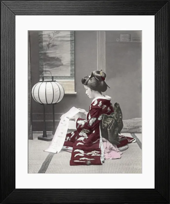 Framed Print : Woman in ornate kimono reading, Japan, c. 1880 s Framed Print : Woman in ornate kimono reading, Japan, c. 1880 s