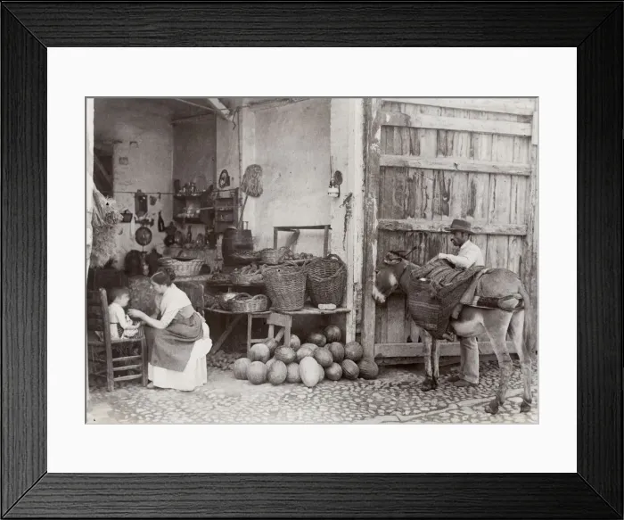Framed Print : Rural scene in Spain, fruit stall, man and donkey Framed Print : Rural scene in Spain, fruit stall, man and donkey