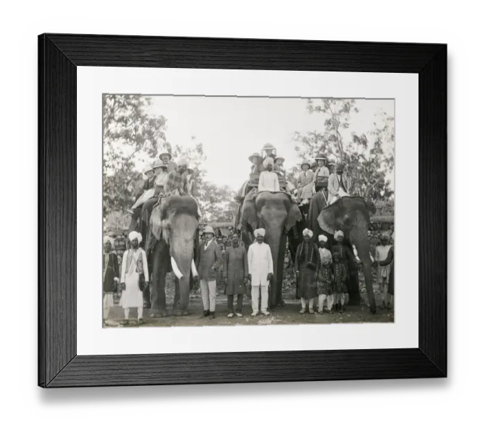 Framed Print : Travellers riding elephants in India, c. 1900 Framed Print : Travellers riding elephants in India, c. 1900