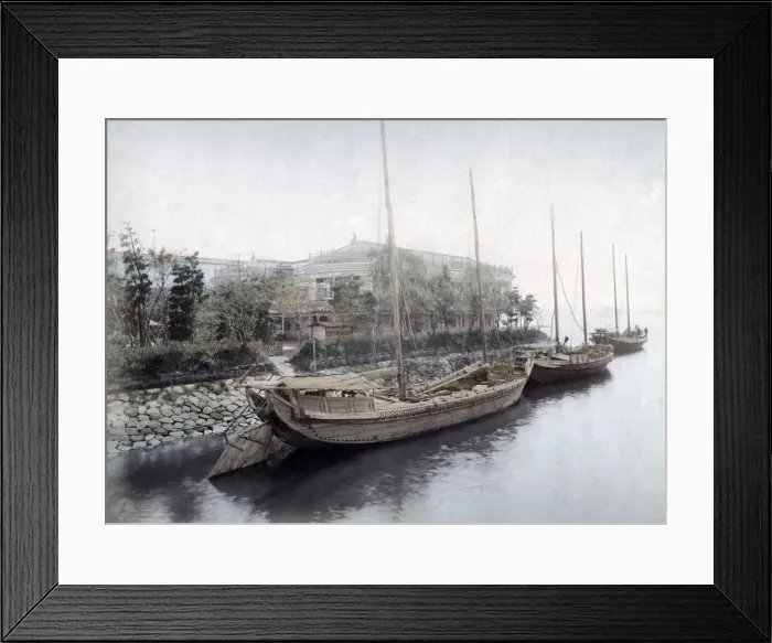 Framed Print : Moored sailing ships, junks, Kanagawa Japan, c. 1880 s