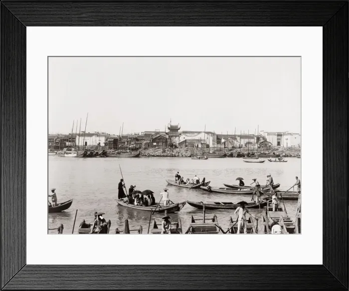 Framed Print : Waterfront scene with boats, China c. 1900 Framed Print : Waterfront scene with boats, China c. 1900