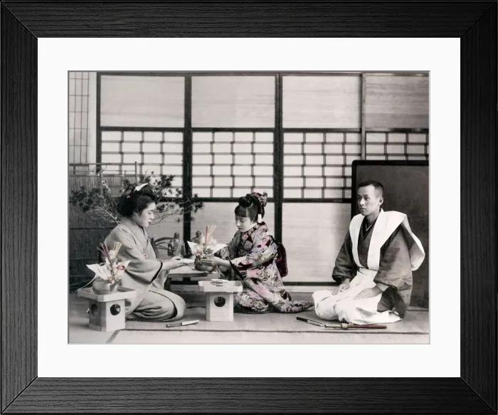 Framed Print : c. 1880s Japan two geishas and a man origami paper Framed Print : c. 1880s Japan two geishas and a man origami paper