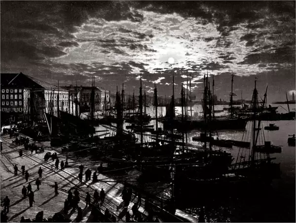 c. 1890s Italy - the harbour at Trieste by moonlight