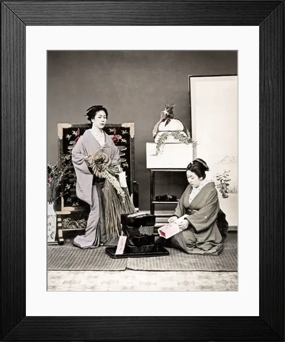 Framed Print : c. 1880s Japan - geishas with a gift Framed Print : c. 1880s Japan - geishas with a gift