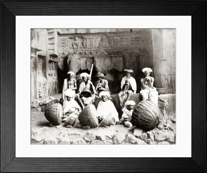 Framed Print : c. 1880s India - Indian musicians at the Karlee caves Framed Print : c. 1880s India - Indian musicians at the Karlee caves