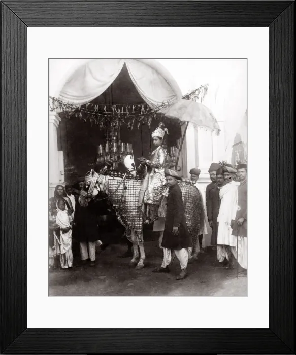 Framed Print : c. 1880s India - prince on his horse with servants Framed Print : c. 1880s India - prince on his horse with servants
