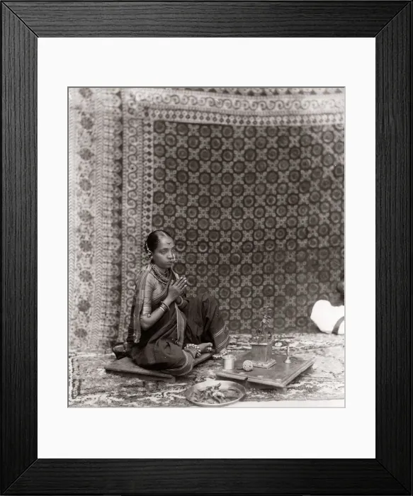 Framed Print : c. 1880s India - girl on ornate carpet, rug Framed Print : c. 1880s India - girl on ornate carpet, rug