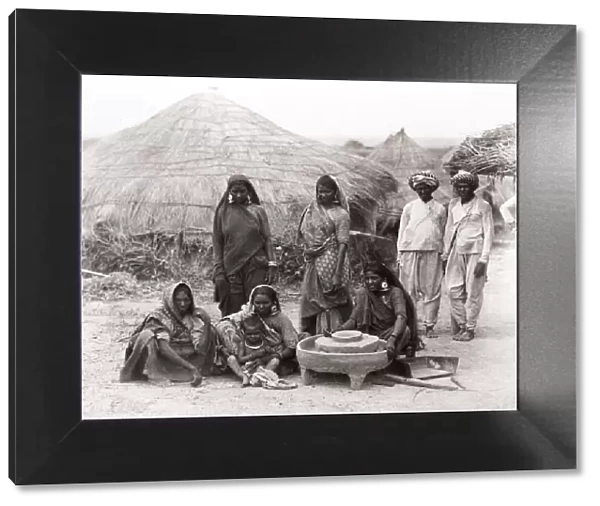 c. 1880 India - India village group milling grain