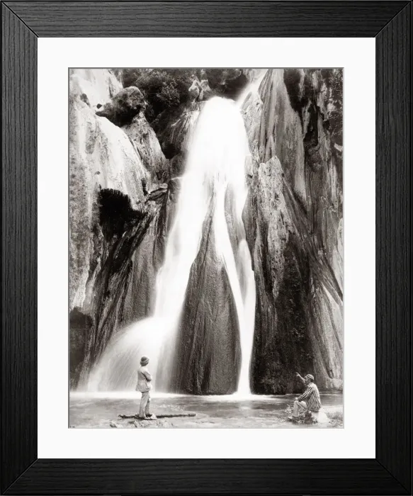 Framed Print : c. 1890s India - two European men in front of a waterfall Framed Print : c. 1890s India - two European men in front of a waterfall