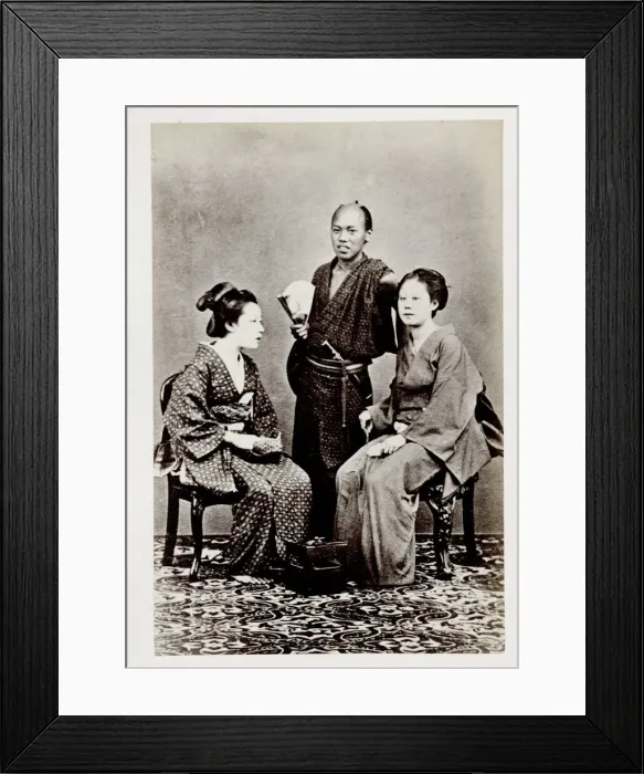 Framed Print : Early portrait Japan - man and two seated women Framed Print : Early portrait Japan - man and two seated women