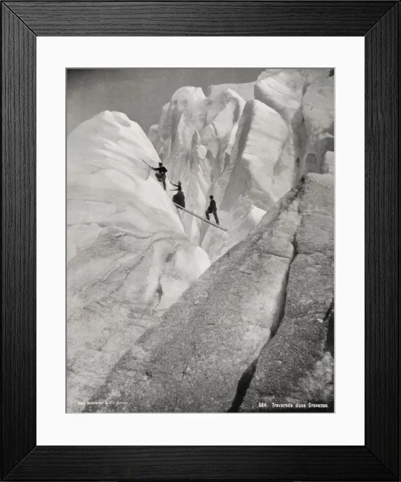Framed Print : Traversing a crevasse, climbers in the Alps Framed Print : Traversing a crevasse, climbers in the Alps