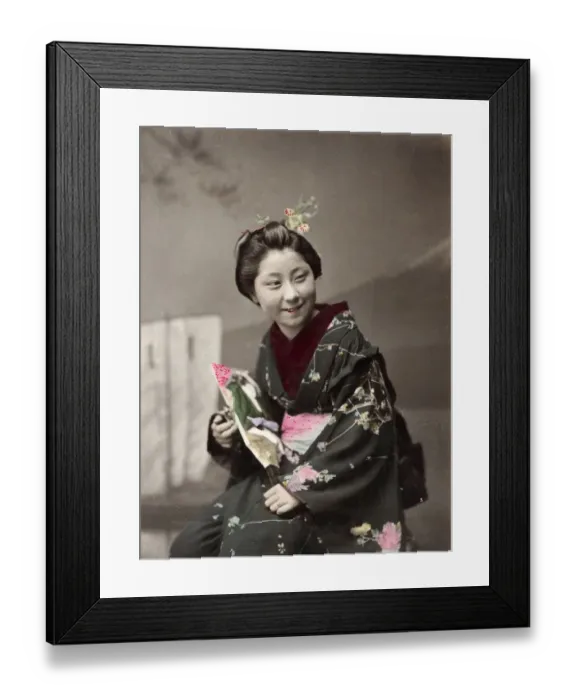 Framed Print : Japan - young woman in ornate kimono, smiling Framed Print : Japan - young woman in ornate kimono, smiling