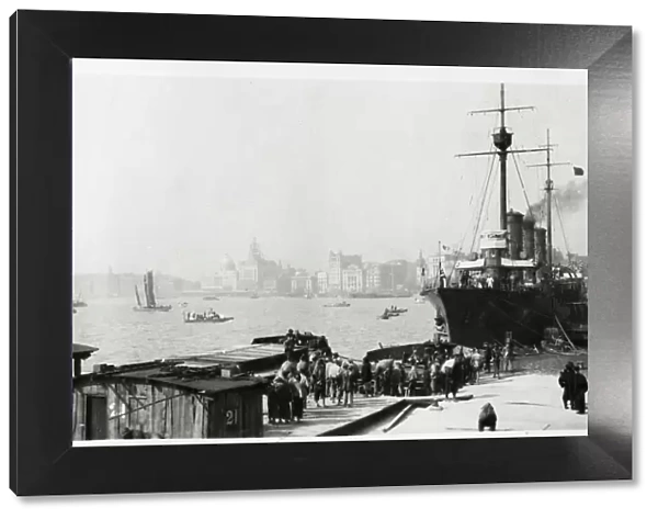 Ship in port, wharf, Shanghai China, view of the Bund