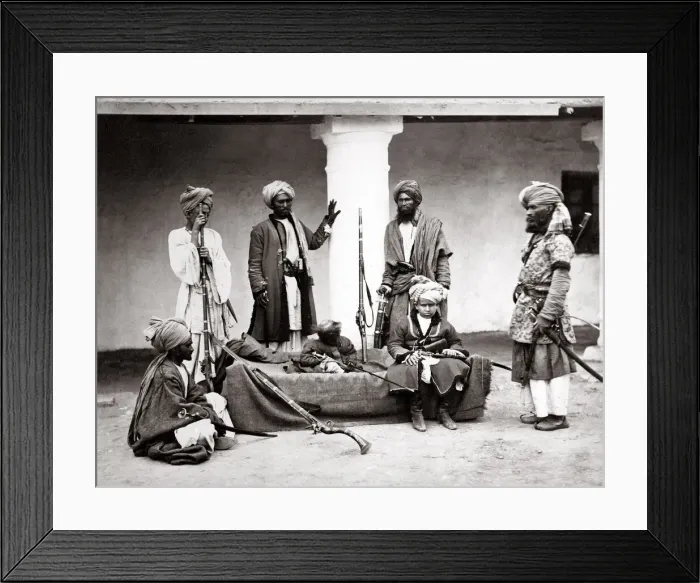 Framed Print : c. 1860s India - tribal warrior group with child and monkey Framed Print : c. 1860s India - tribal warrior group with child and monkey