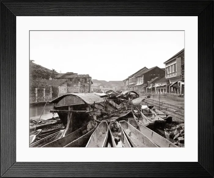 Framed Print : Canal scene with boats, probably Manila, Philippines Framed Print : Canal scene with boats, probably Manila, Philippines